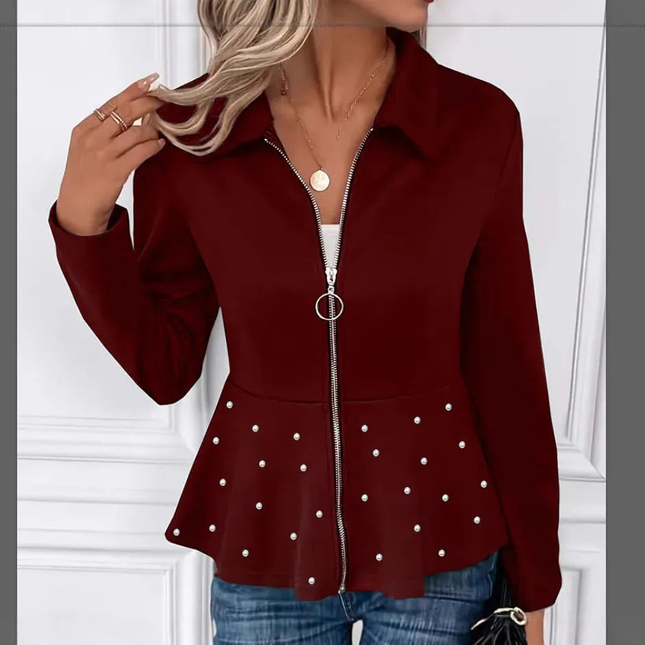 Women's black coat with beaded heavy-duty zipper and ruffled hem, loose fit with long sleeves