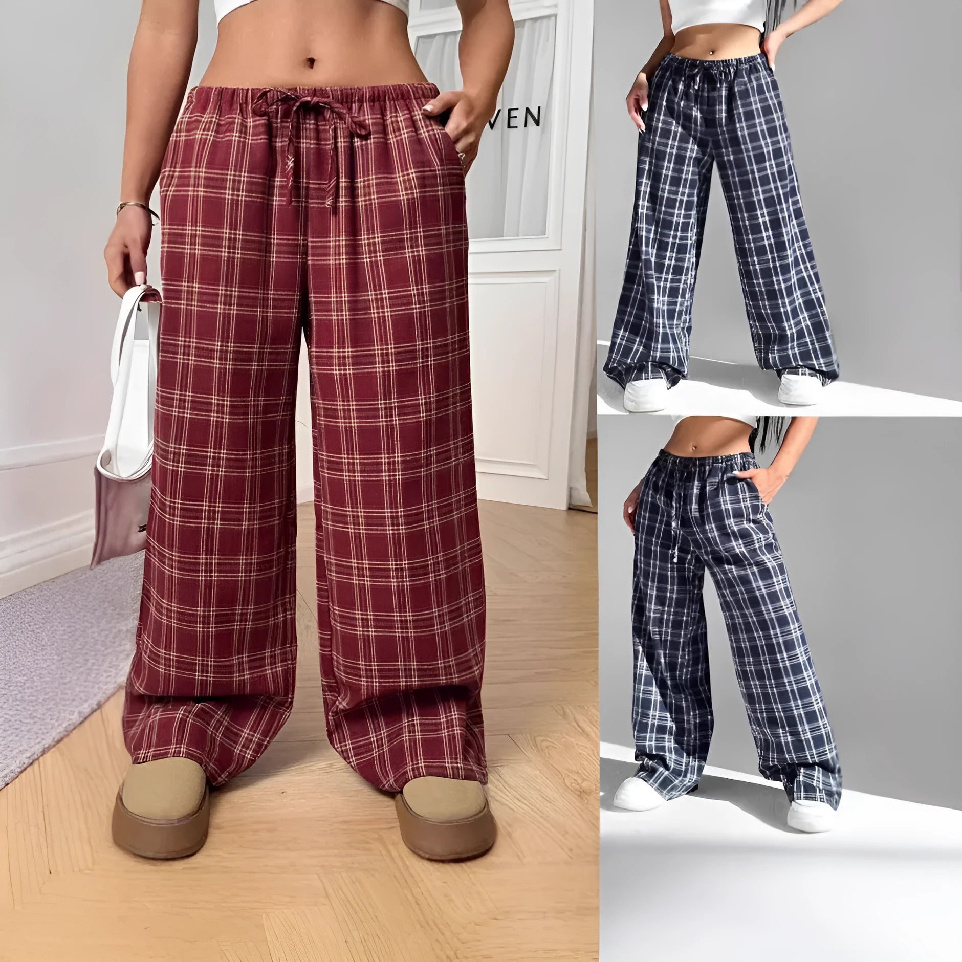 Women's plaid casual trousers with elastic drawstring waist and side pockets in blue colour