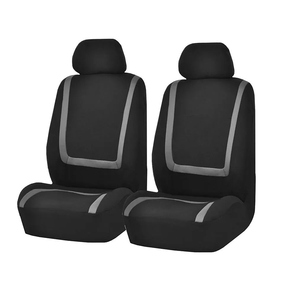 Fully enclosed fabric car seat cover set shown in a two-tone colour on a vehicle seat.