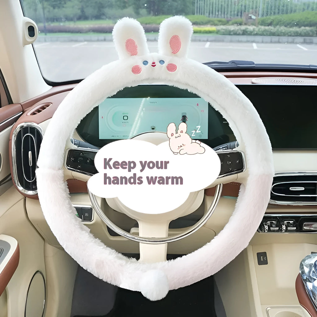 Plush rabbit fur steering wheel cover with embroidered cartoon animal pattern showing 38cm diameter