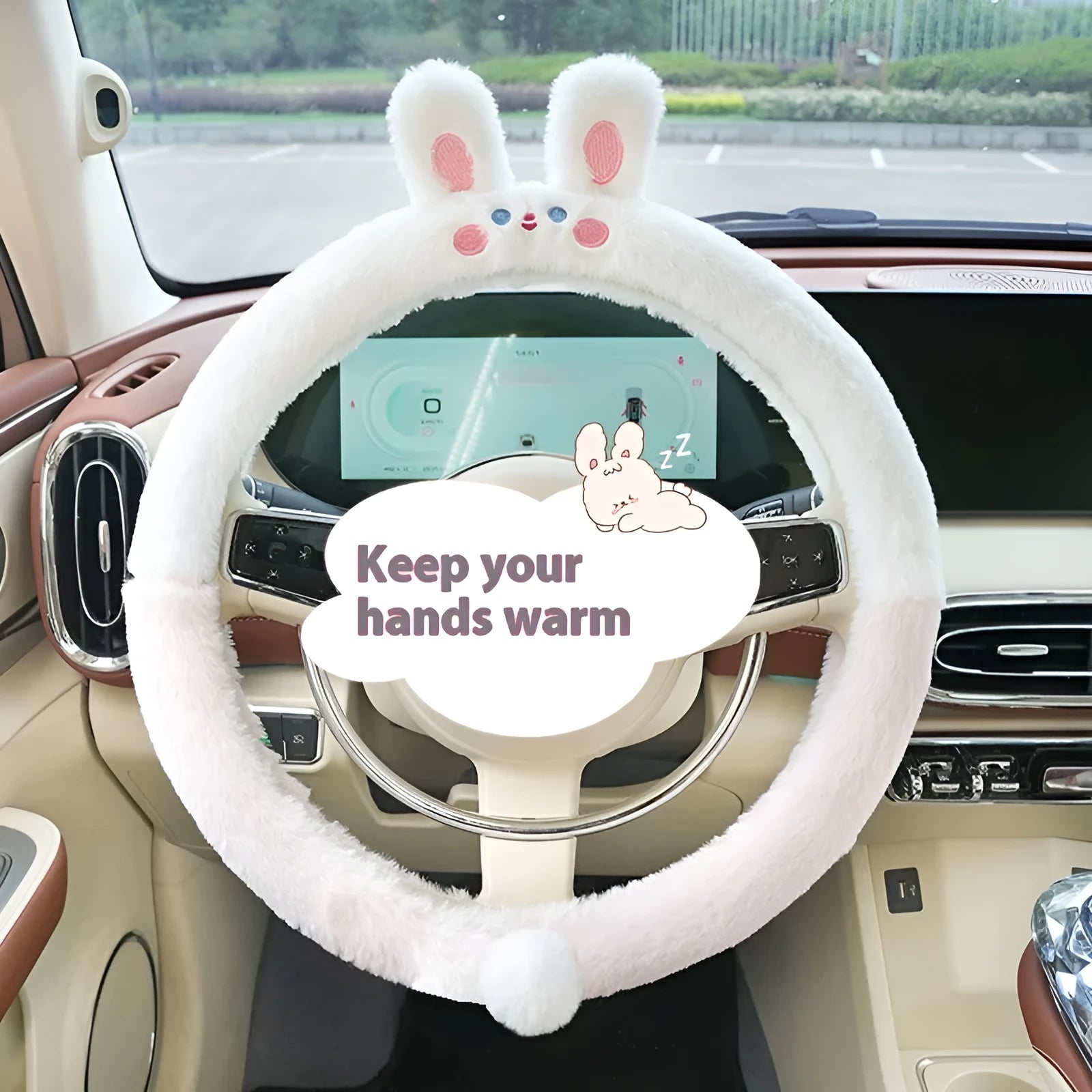 Plush rabbit fur steering wheel cover with embroidered cartoon animal pattern showing 38cm diameter
