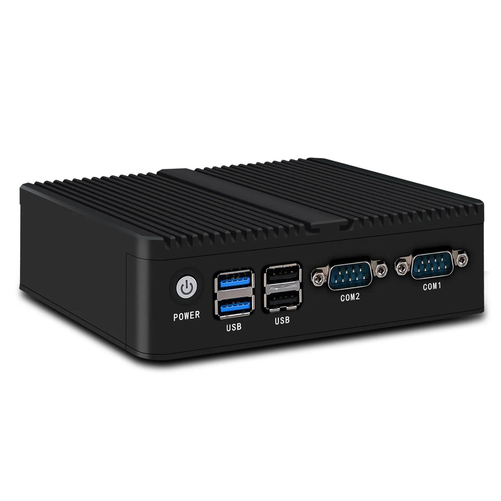 Industrial fanless mini host computer with quad-core processor, dual network ports, 13.6cm compact metal chassis for embedded control systems
