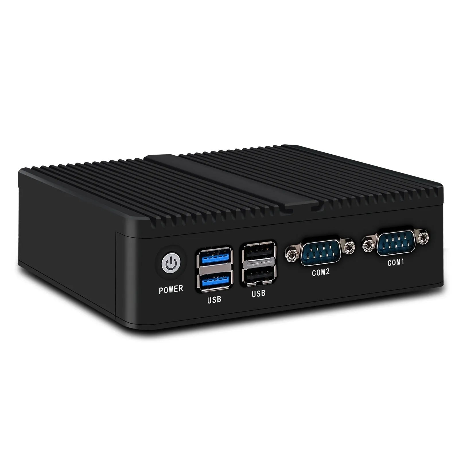 Industrial fanless mini host computer with quad-core processor, dual network ports, 13.6cm compact metal chassis for embedded control systems