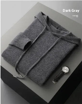 Men's light gray hooded cashmere sweatshirt and matching trousers laid flat as a set.