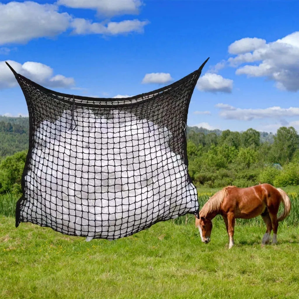Black woven PE rope hanging feeding bag for horses, shown with hay, next to a white version.