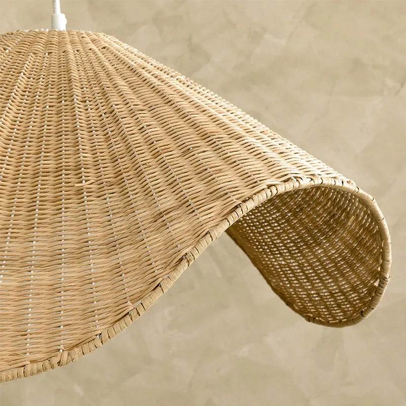 Handmade natural bamboo rattan chandelier with woven willow shade and warm LED light.