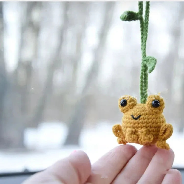 Handmade green plush frog woven pendant for car rear-view mirror.