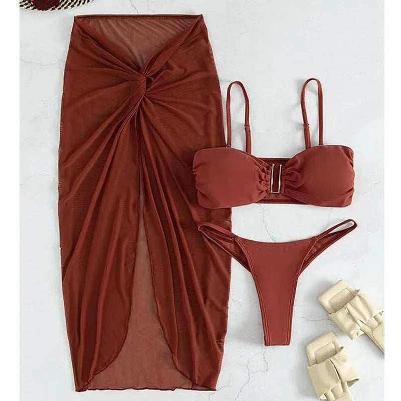 Women's multicolour bikini three-piece set with culotte skirt in French style