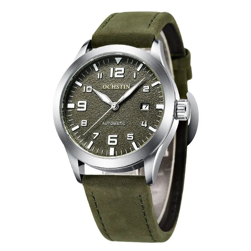 Men's black and silver automatic mechanical watch with leather strap showing 12mm thickness
