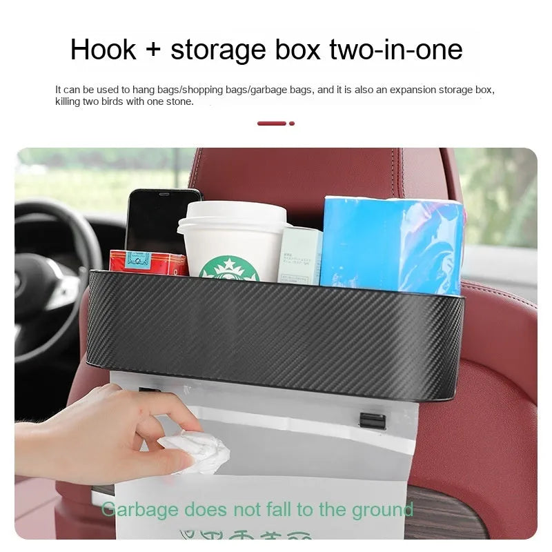 Car seat back hook storage box in black, made from ABS carbon fibre pattern material, for hanging organisation