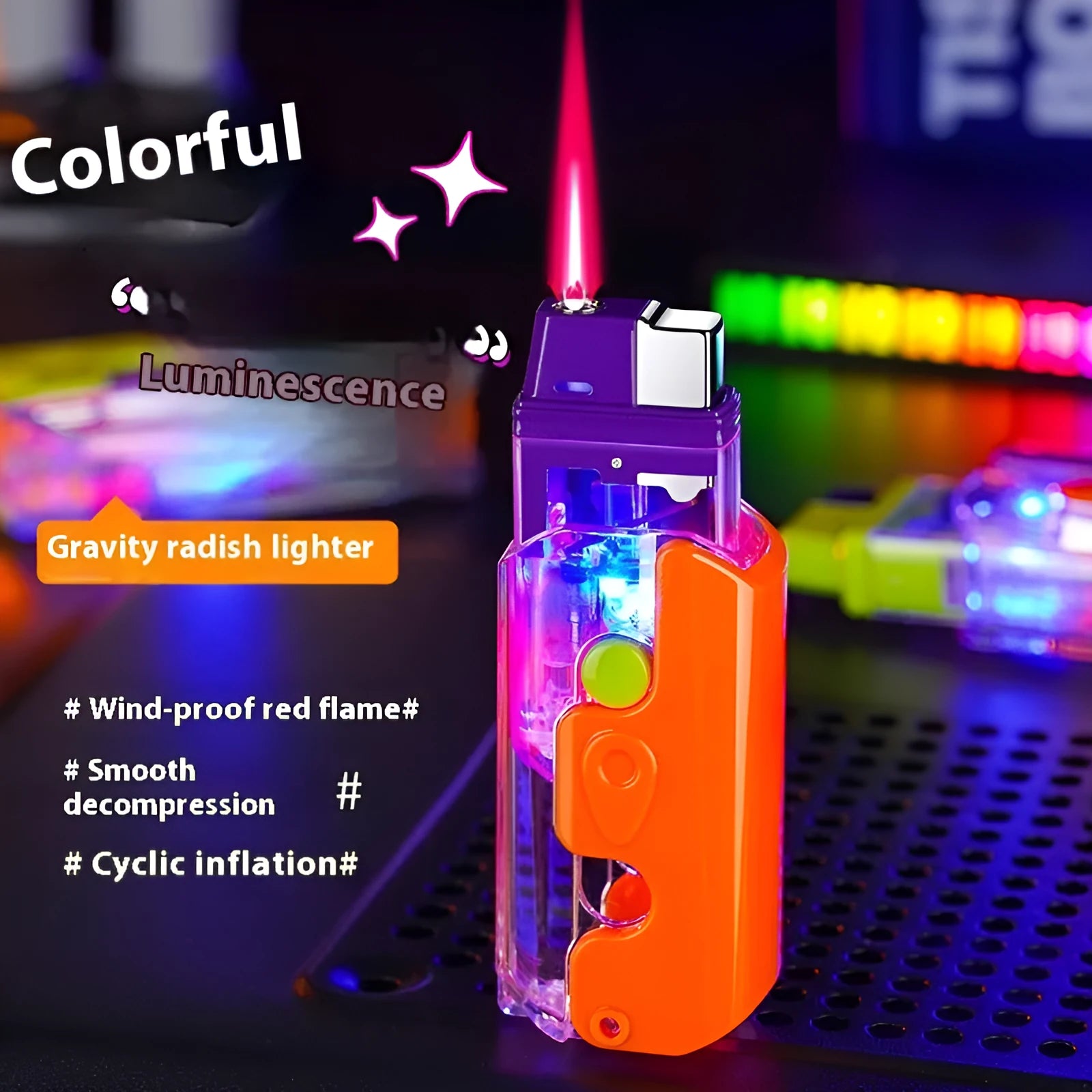 Colourful luminous radish lighter in orange, purple or green with wind-resistant ignition