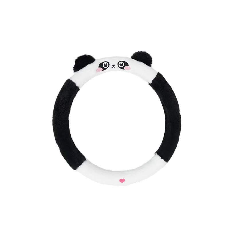 Plush rabbit fur steering wheel cover with embroidered cartoon animal pattern showing 38cm diameter