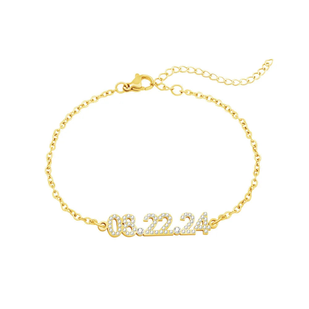 Stainless steel digital bracelet with crystal diamond accents on the numbers, shown in rose gold finish.