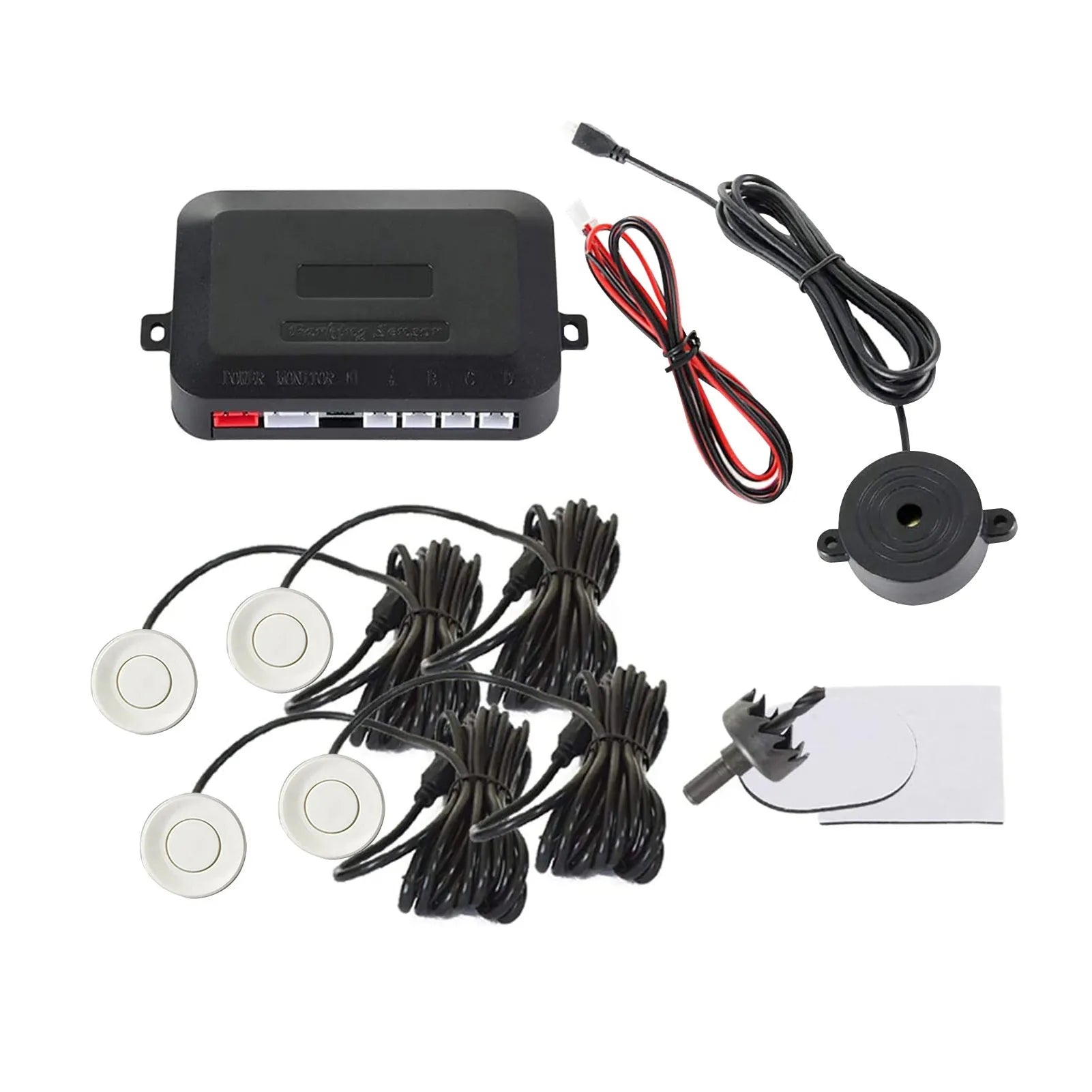 Car parking sensor reversing radar system with four ultrasonic sensors and buzzer alert module