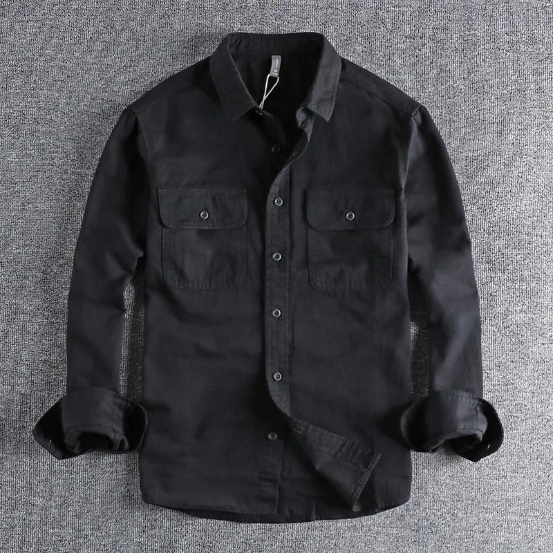 Men's light grey loose fit cardigan-style shirt with an overalls design and long sleeves.