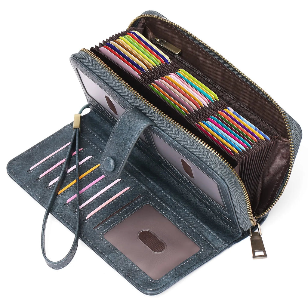 Women's long expanding card holder wallet in synthetic leather with anti-theft swiping feature