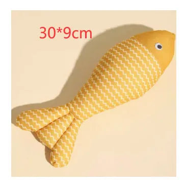 Catnip-filled fabric fish toy in blue, red or yellow available in large, medium and small sizes