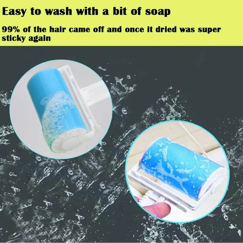 Washable reusable lint roller for pet hair removal in blue, green, pink, or yellow with cover.