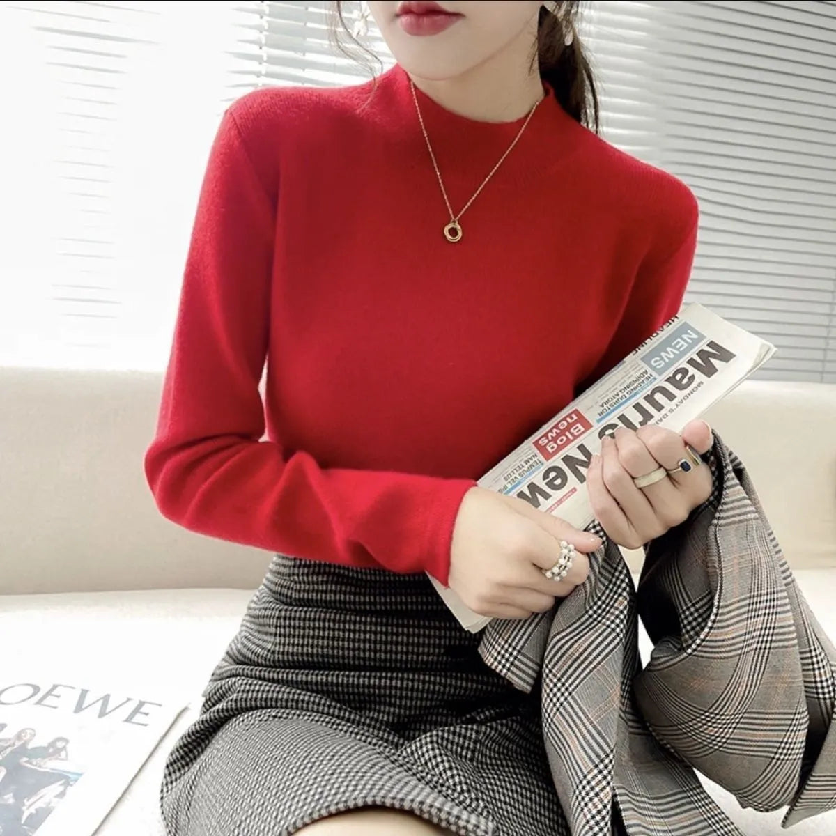 Slim fit long sleeve viscose bottoming shirt in apricot colour on a hanger
