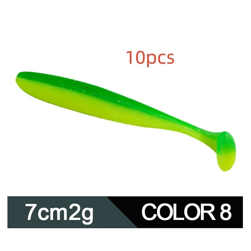 Soft plastic T-tail fishing lure in two-tone mandarin fish pattern, 7cm long.