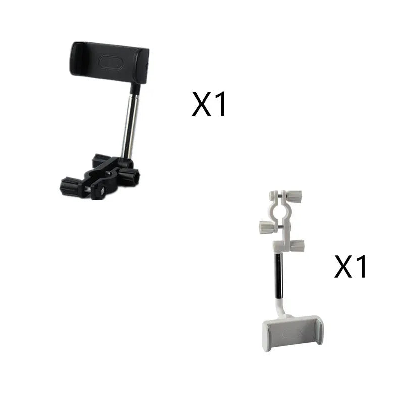 Black ABS plastic mobile phone bracket mounted on car rearview mirror holding smartphone