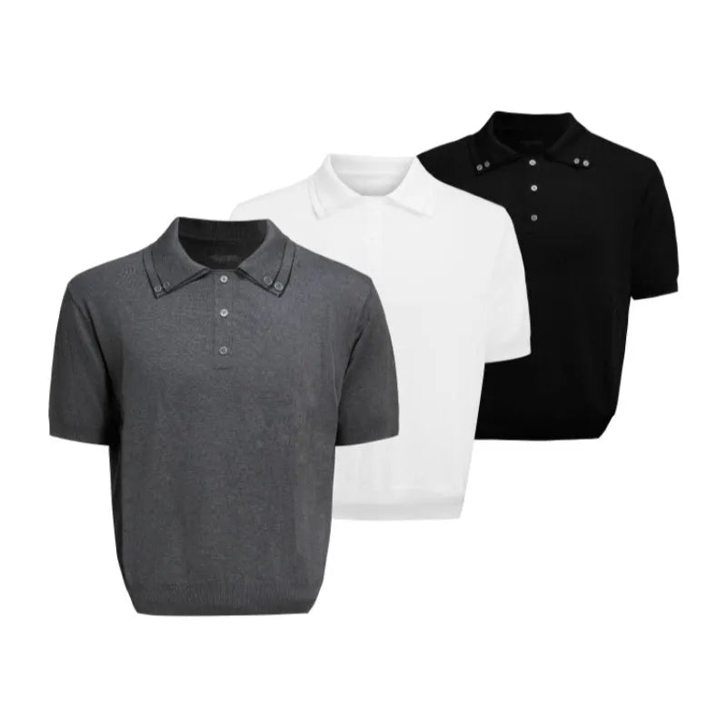 Men's black loose fit short sleeve shirt with lapel collar in polyester knit fabric