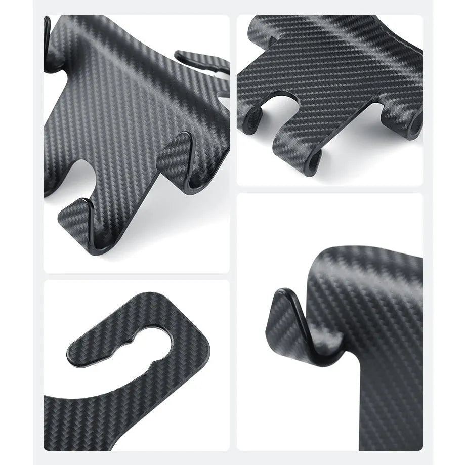 Black ABS plastic car hook with integrated mobile phone holder bracket for rear seat backs.
