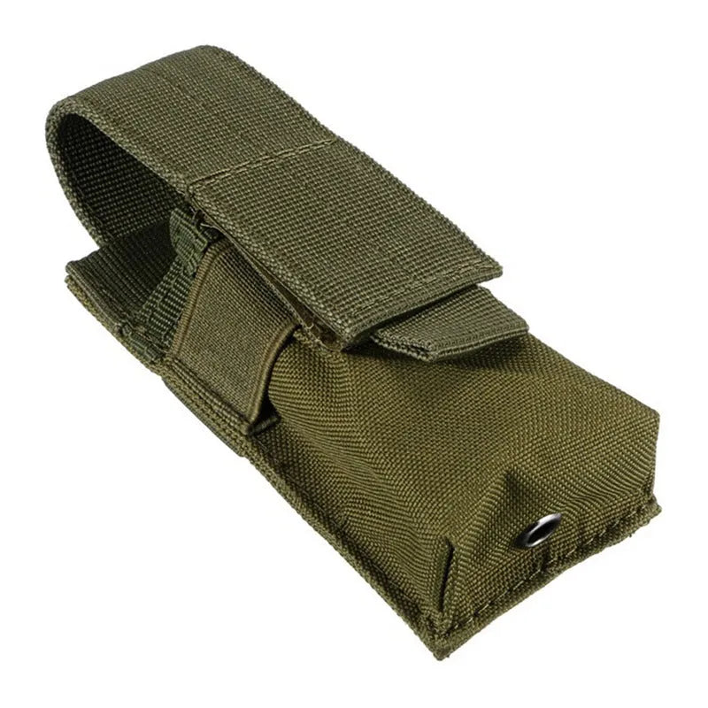 Military tactical waist bag with MOLLE straps and elastic cord closure in camouflage pattern