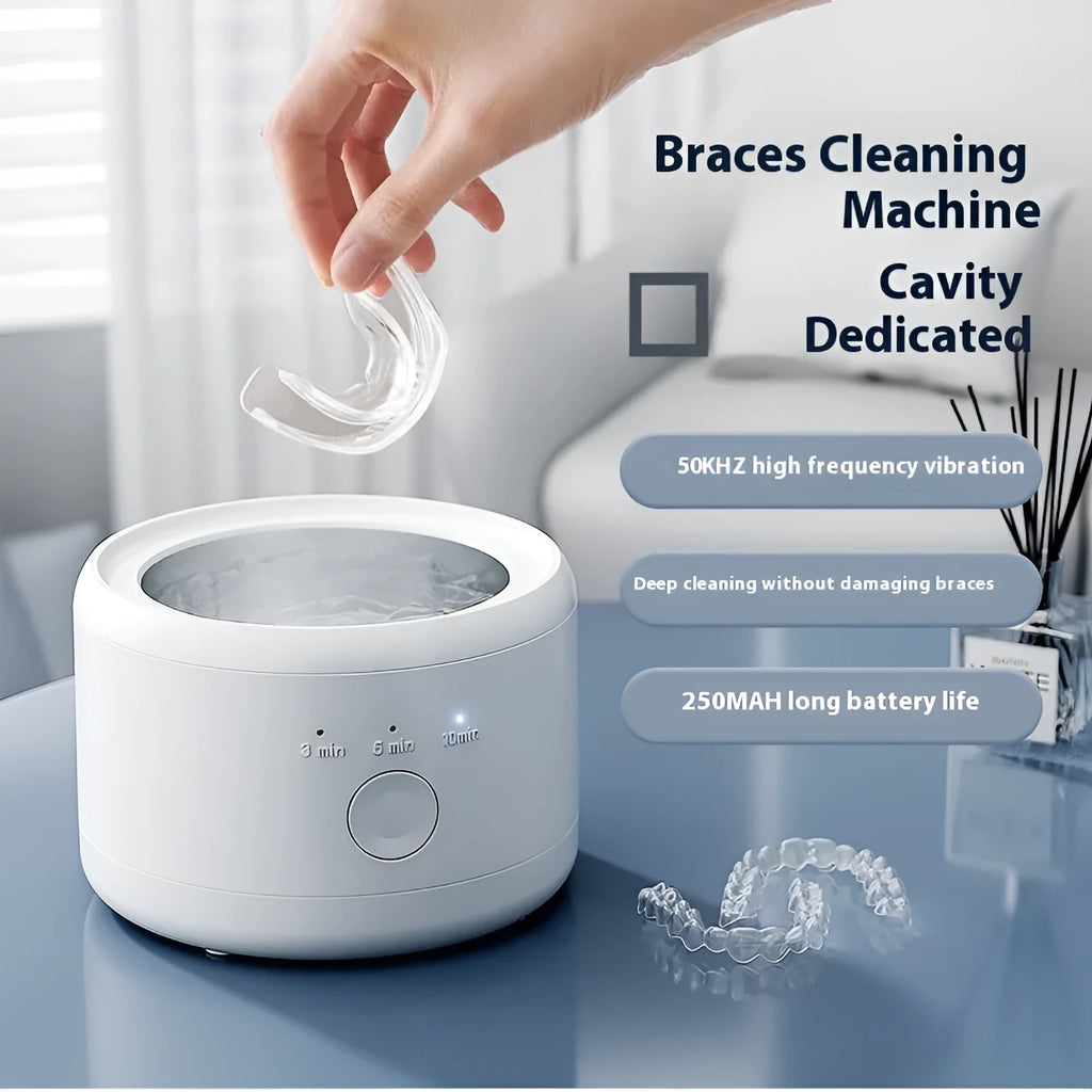 White ultrasonic tooth socket cleaning machine with 300ml tank, third gear timing, and 3-step thermostat on countertop