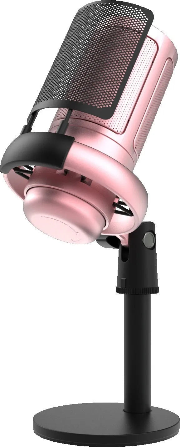 USB condenser microphone with RGB lighting in black, white, and pink colour options.