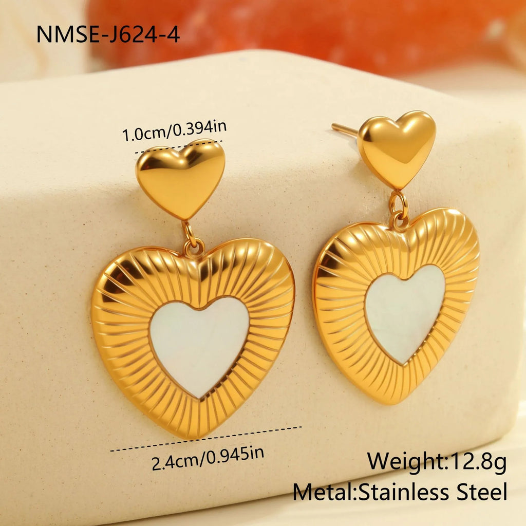 Gold heart-shaped stainless steel earrings with 18K electroplated finish for women's fashion wear
