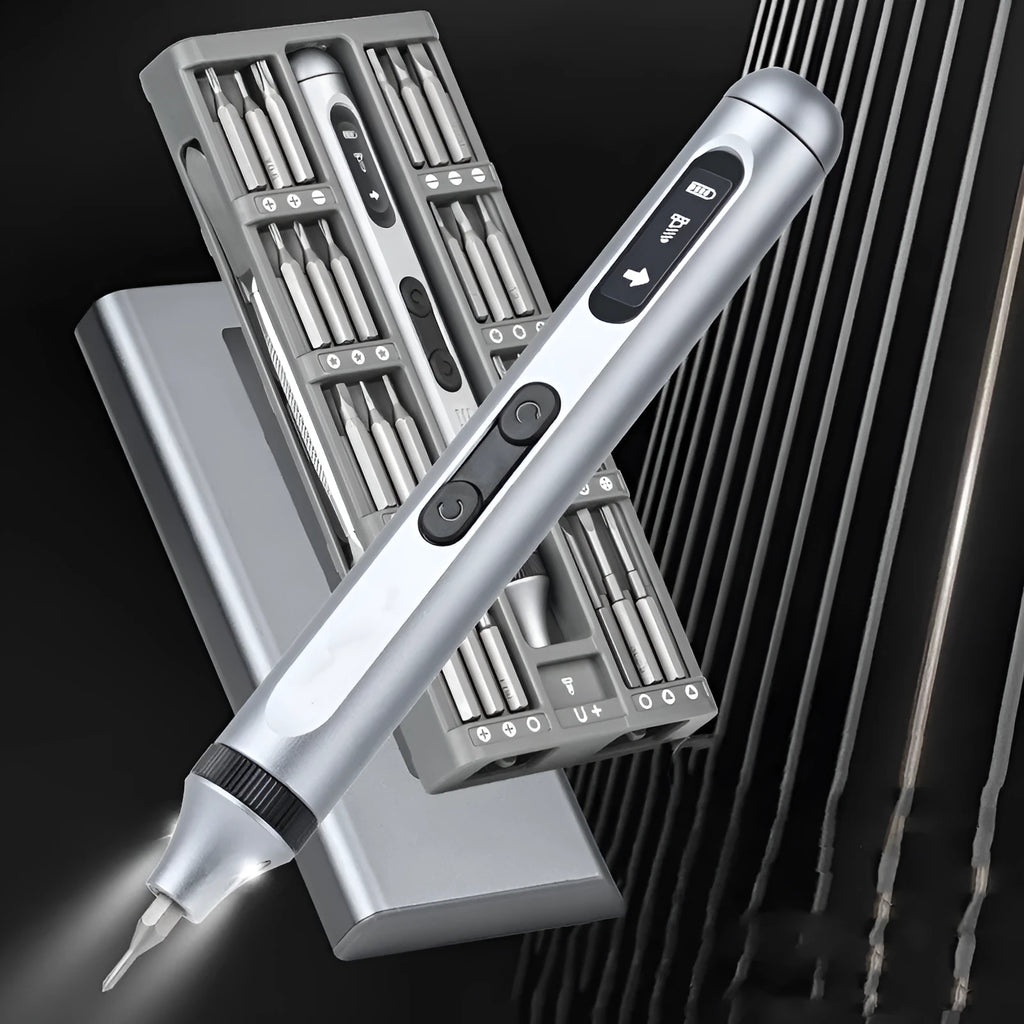 Aluminium bodied precision electric screwdriver on a workbench with a USB charging cable.