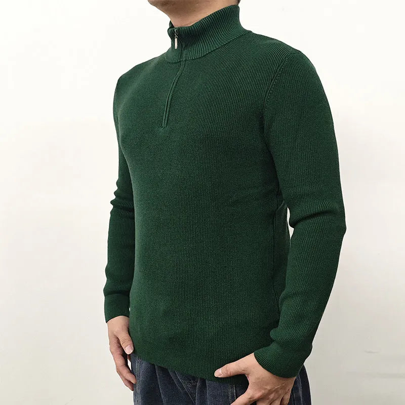 Men's half-turtleneck zipper sweater in cotton blend fabric shown in black, grey, green, orange, and white colours.