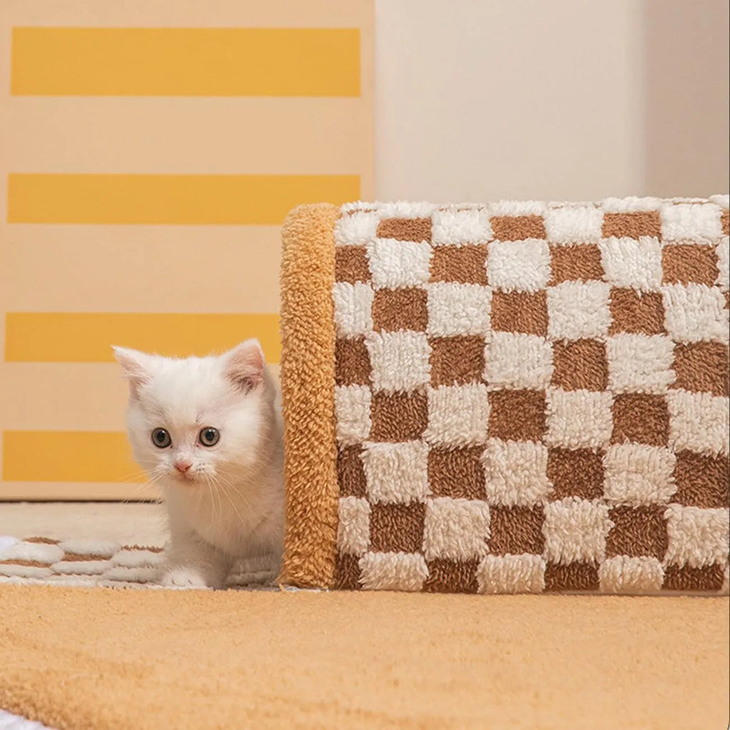 Large XL fan-shaped plush pet bed with integrated play tunnel in coffee colour, showing anti-slip base.