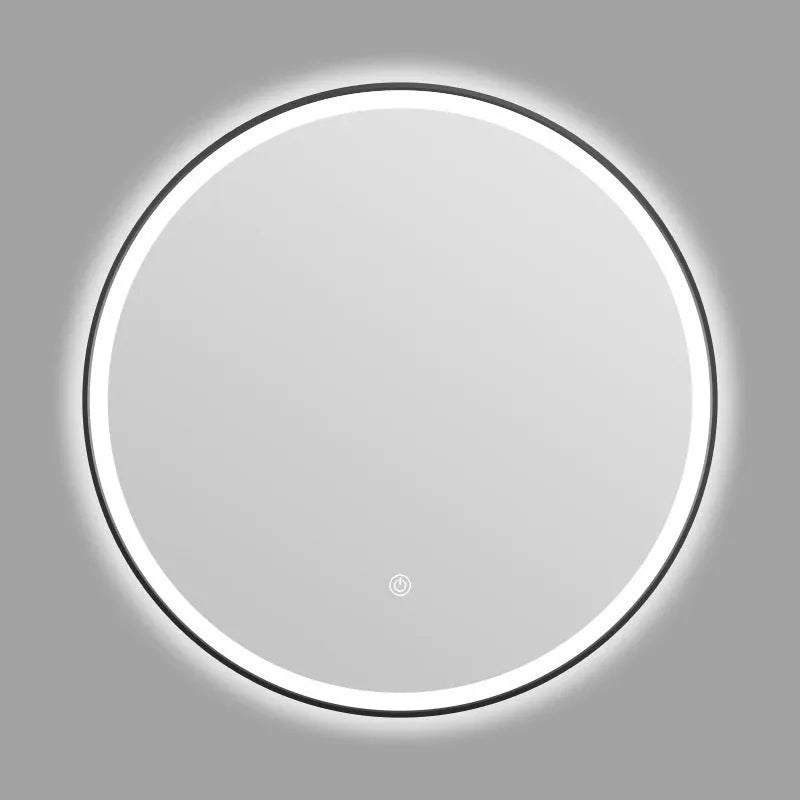 Round black aluminium frame LED bathroom mirror mounted on wall with touch control.