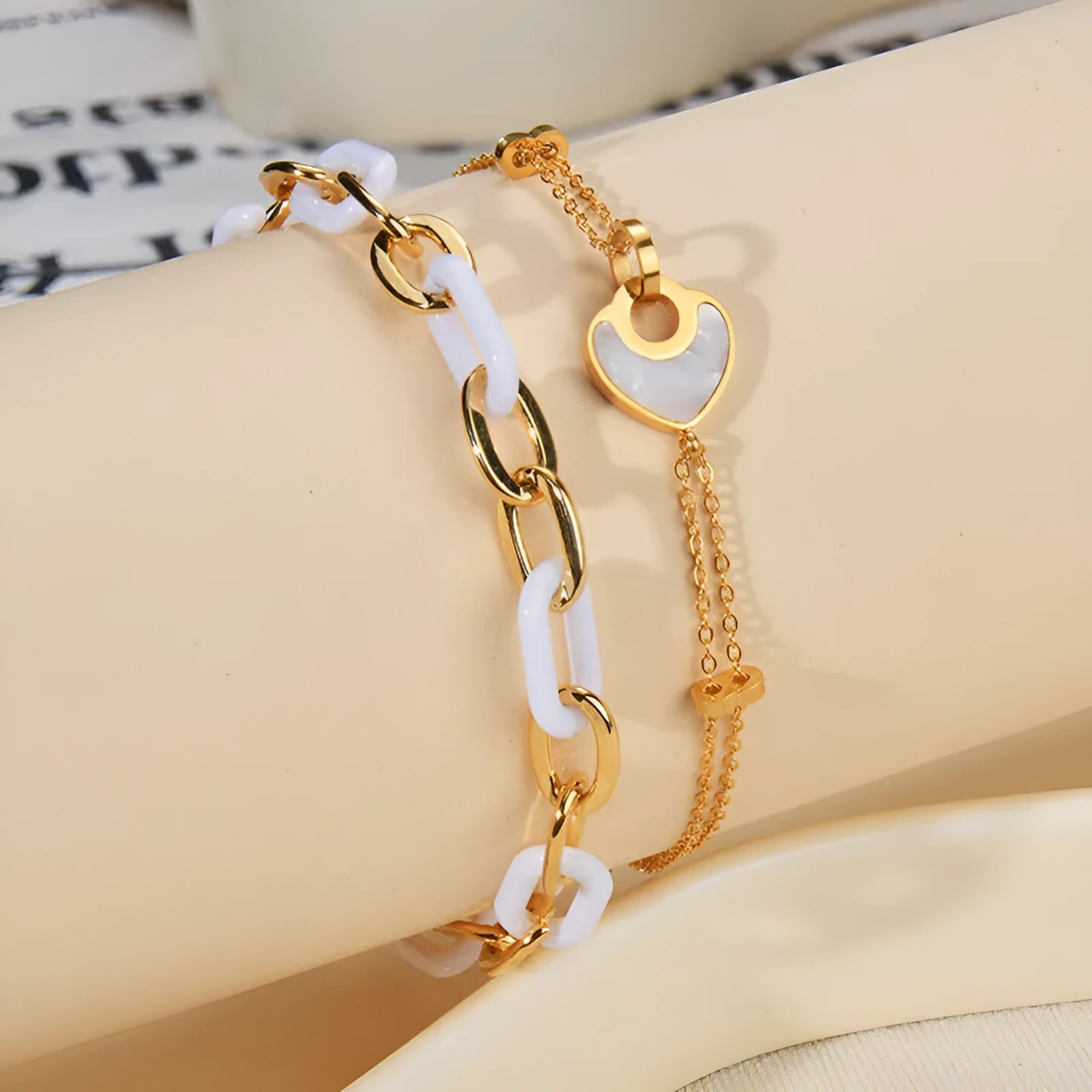 Stainless steel resin bracelet for women featuring heart-shaped design and double-layer construction