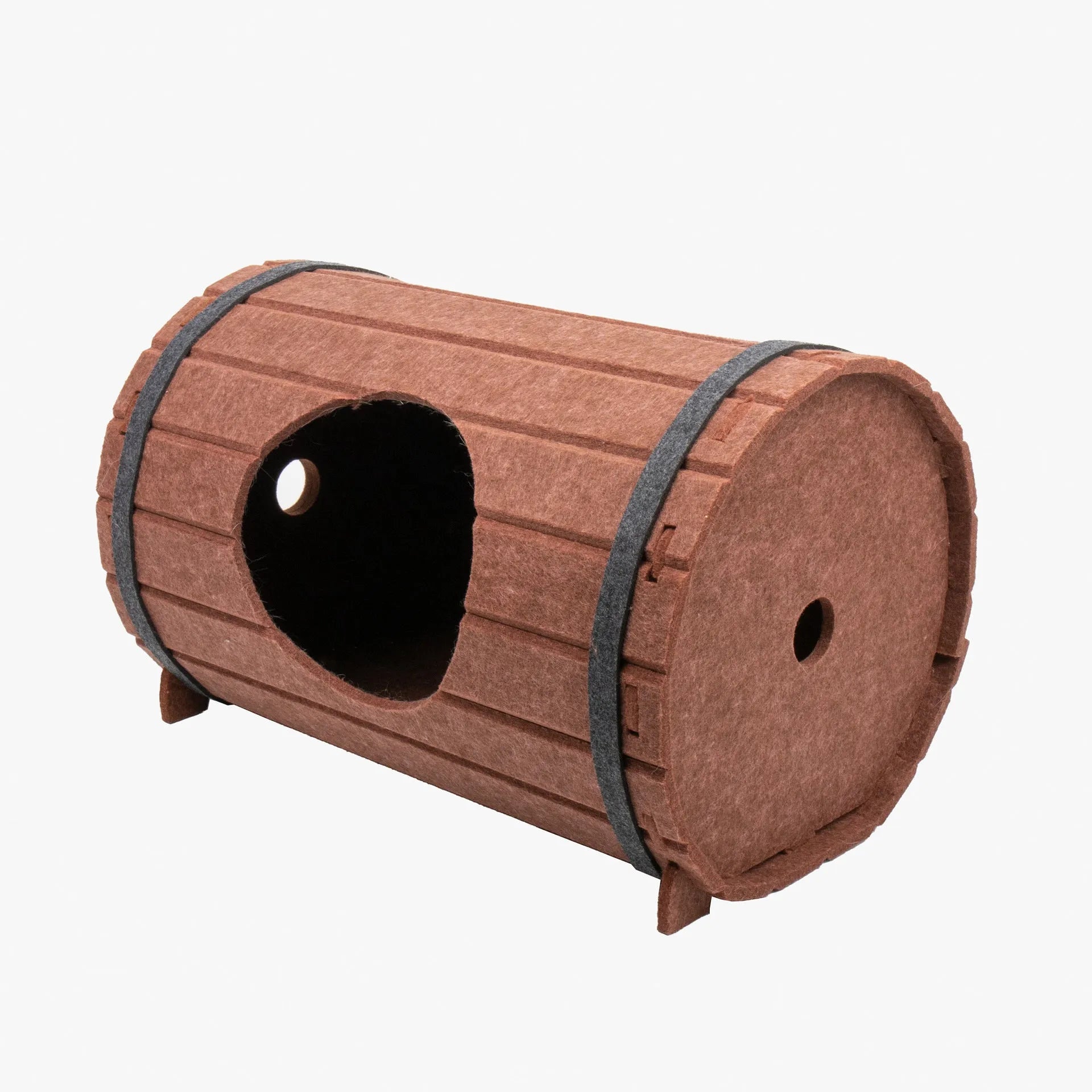 Assembled wine barrel cat bed with three polyester fibre felt boards and binding straps