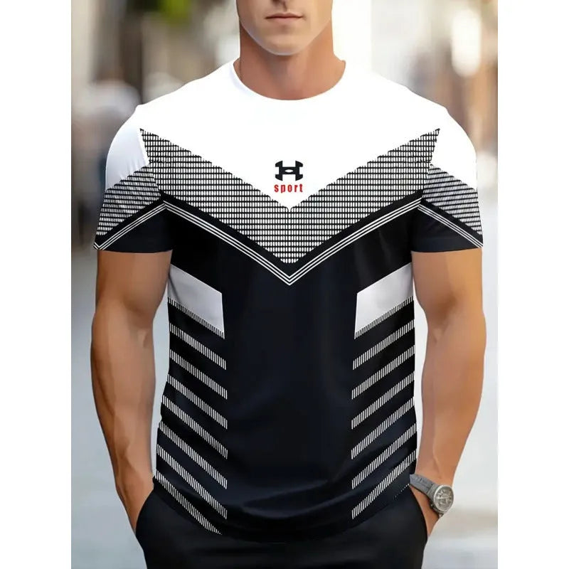 Men's striped short-sleeved t-shirt with digital 3D printing in loose fit polyester