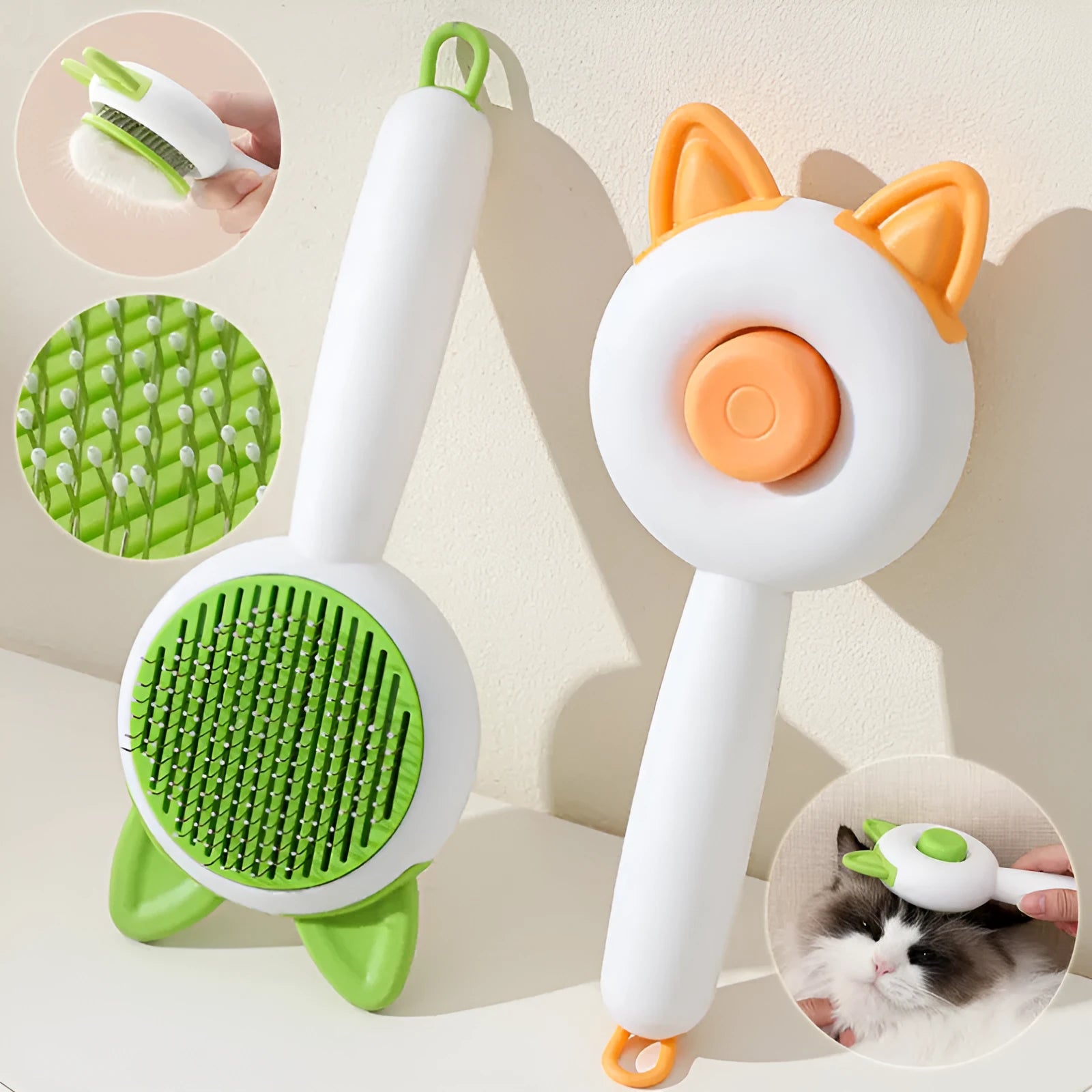 Self-cleaning cat grooming comb with stainless steel blades in greenish white or orange white colours