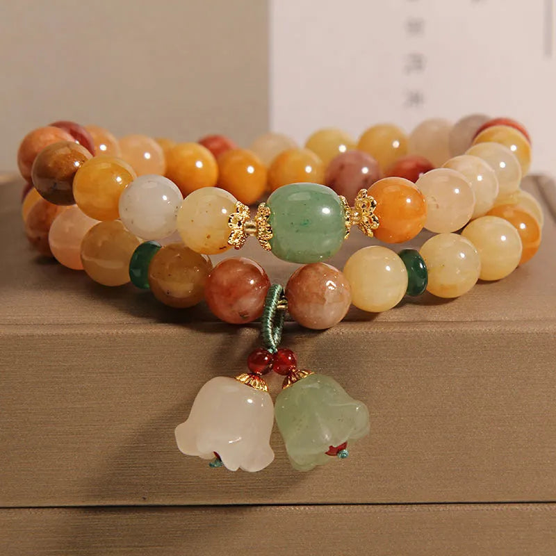Natural jinsi jade multi-layer women's bracelet with orchid pendant on adjustable beaded design