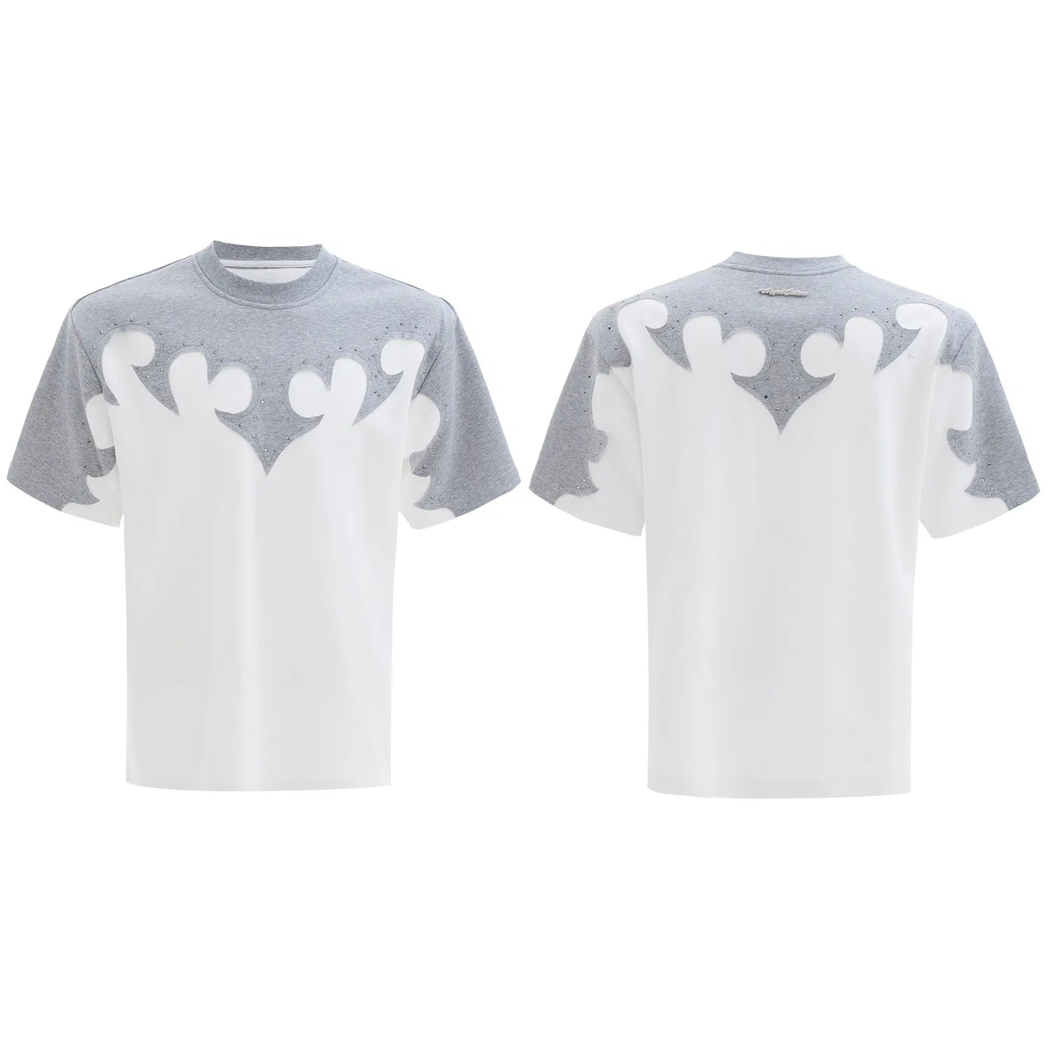 Men's grey cotton t-shirt with three-dimensional stitching and burnt flower rhinestone design on front