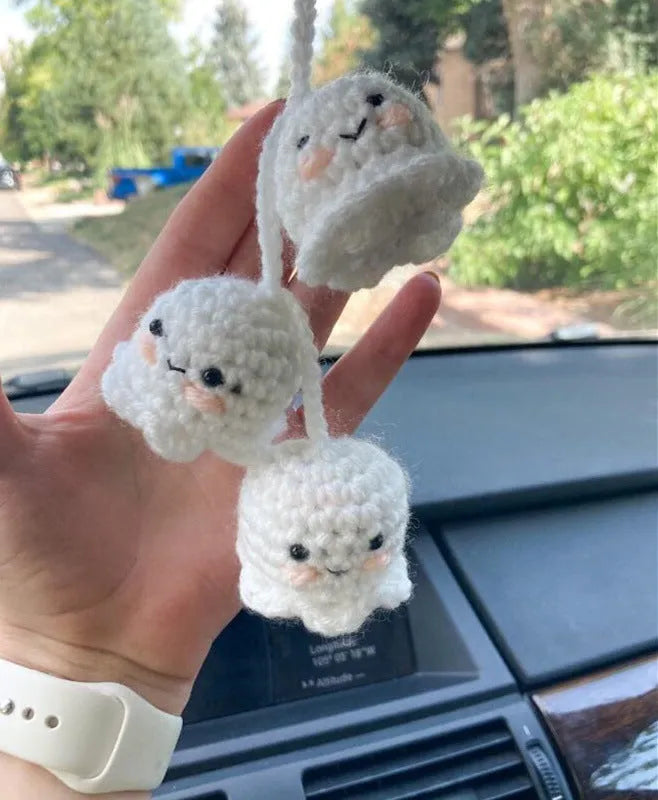 Hand-woven polyester car hanging ornament in cartoon design hanging from rear-view mirror