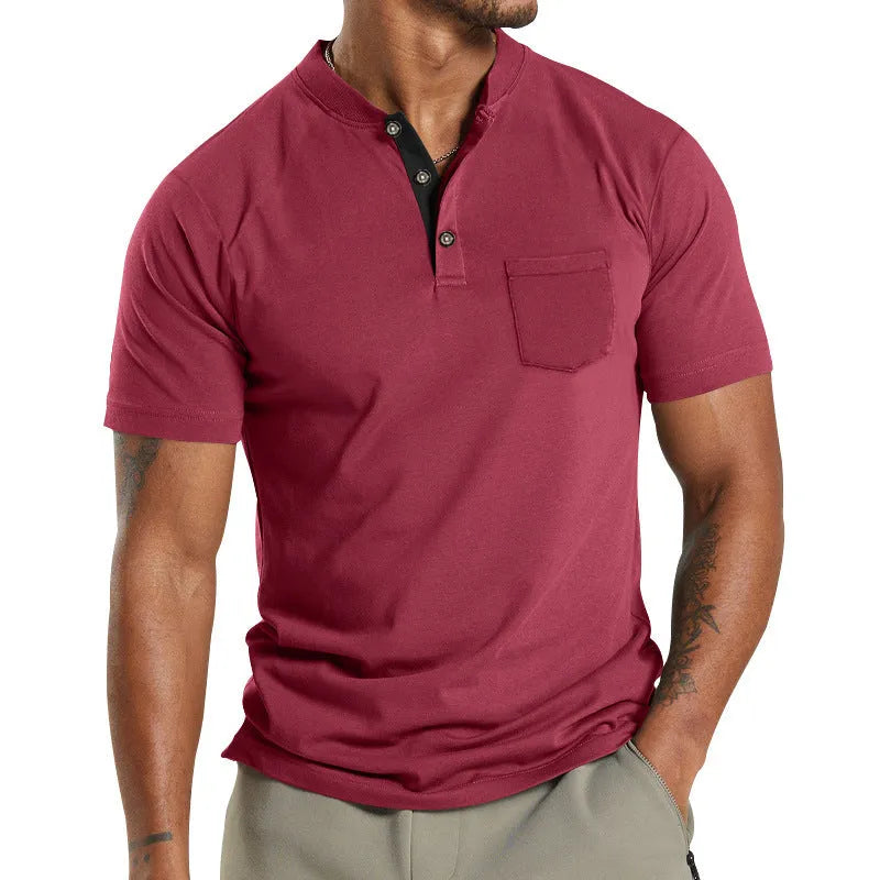 Plus size man modelling a solid colour short sleeve shirt with a chest pocket.