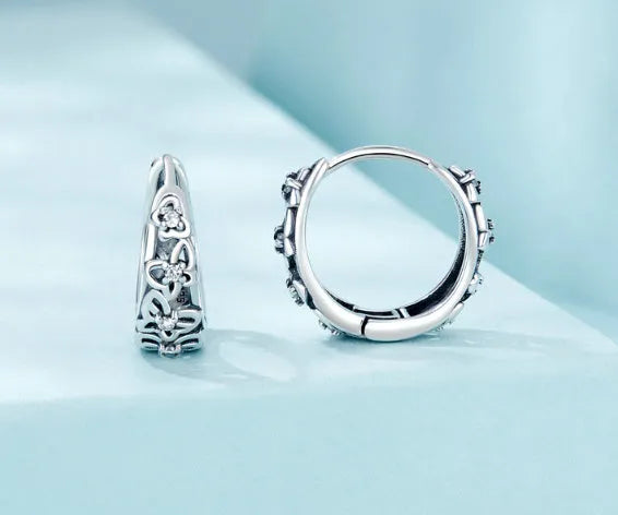 S925 sterling silver retro hollow butterfly drop earrings with zircon stones on an 11mm hoop.