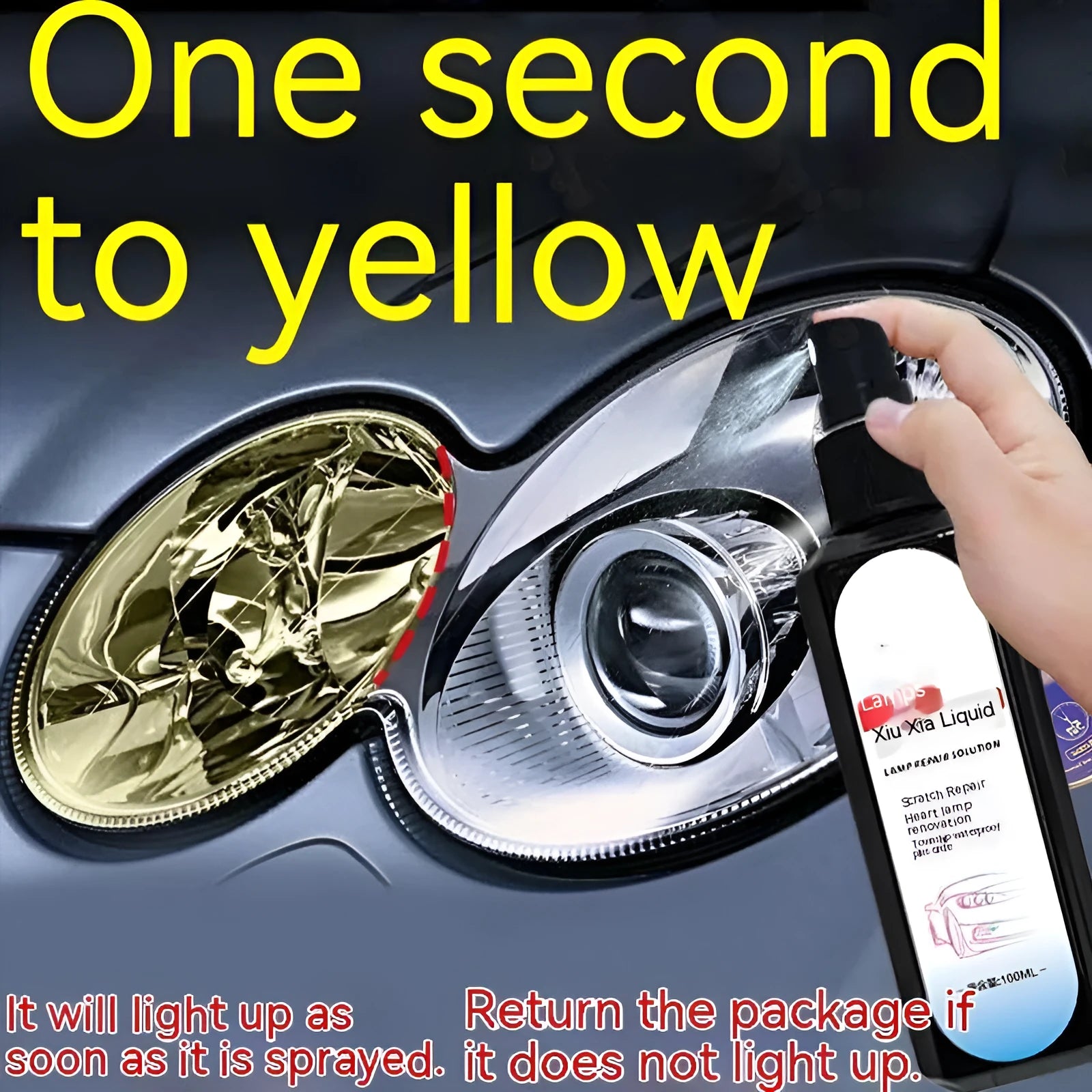 100ml bottle of car headlight restoration and repairing liquid for plastic lenses.
