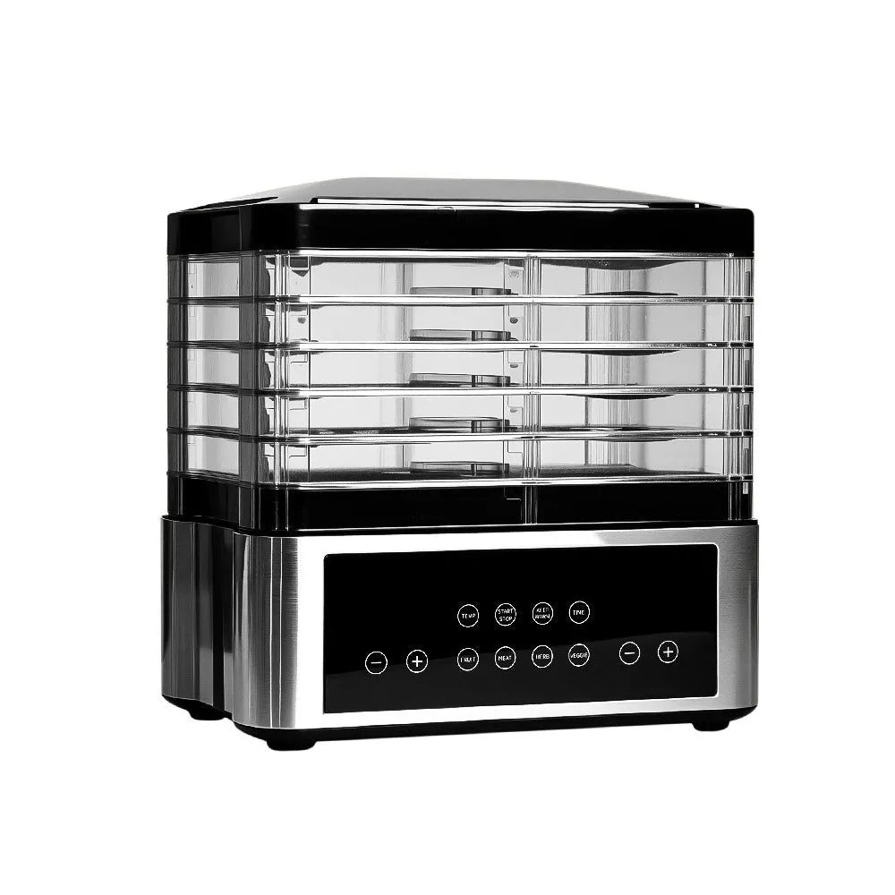 Silver stainless steel food dehydrator appliance with digital controls on a kitchen counter.