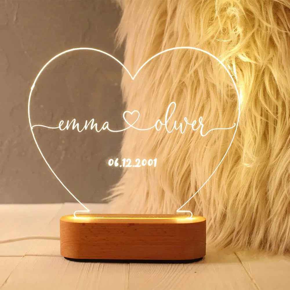 Personalised acrylic LED night light with custom names and date engraving