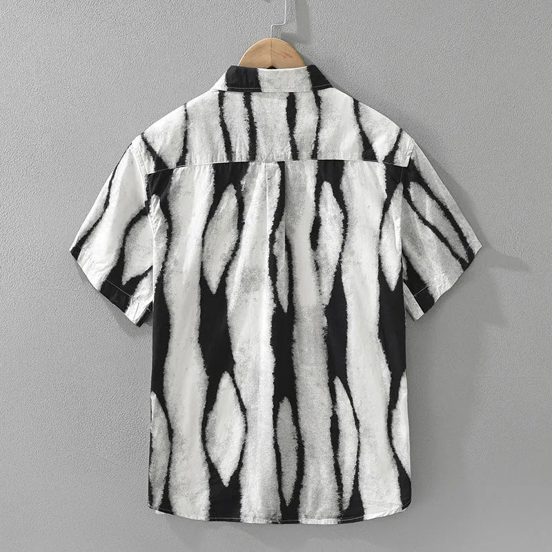 Retro striped short sleeve cardigan shirt in pure cotton fabric shown in black and brown colour options