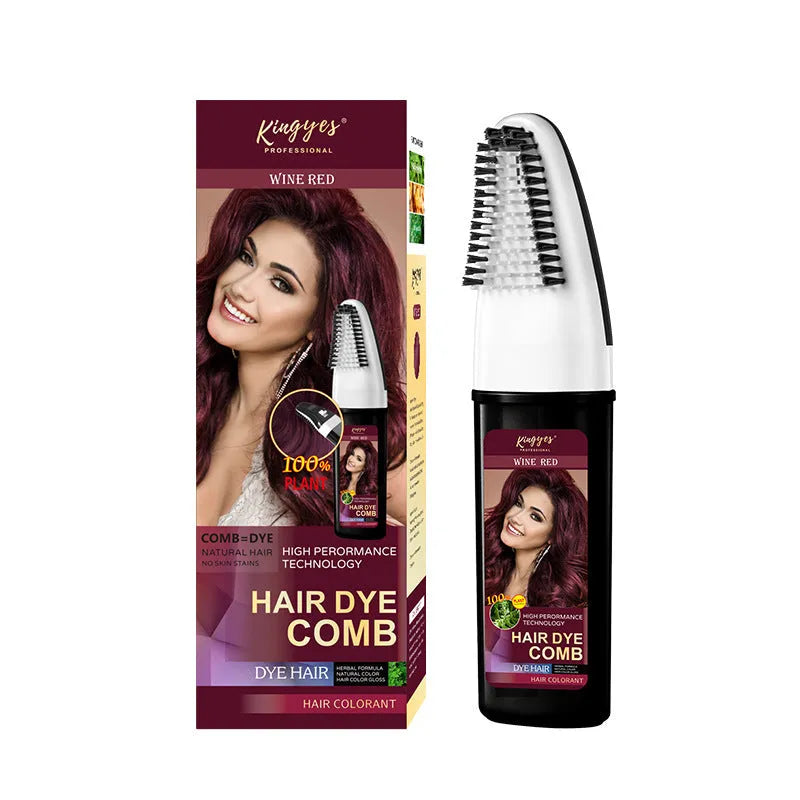 Hair dye kit with comb applicator showing Black, Wine Red and Brown colour options