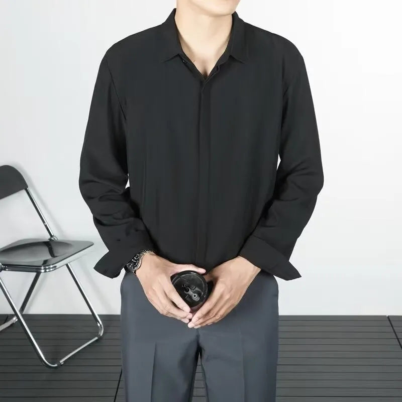 Korean-style loose long-sleeved linen men's shirt in solid colour, wrinkle-free finish, front view